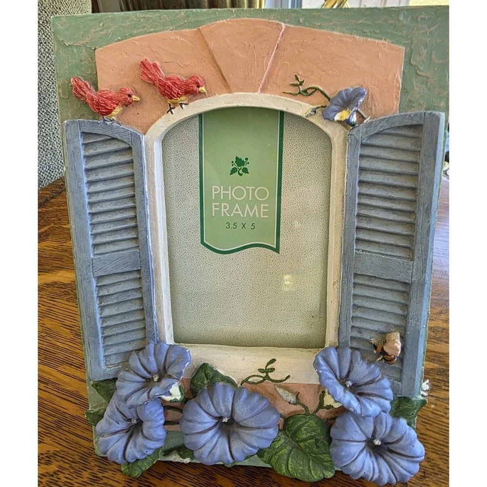 Vintage Cottagecore Floral Photo Frame Birds Bee Blue Shutters 3.5x5 Shabby Chic
